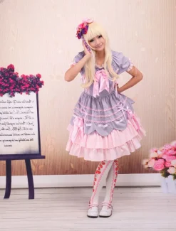 Sweet Purple Pink Lolita OP Dress Short Sleeves Layers Bows and Trim