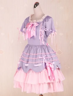 Sweet Purple Pink Lolita OP Dress Short Sleeves Layers Bows and Trim