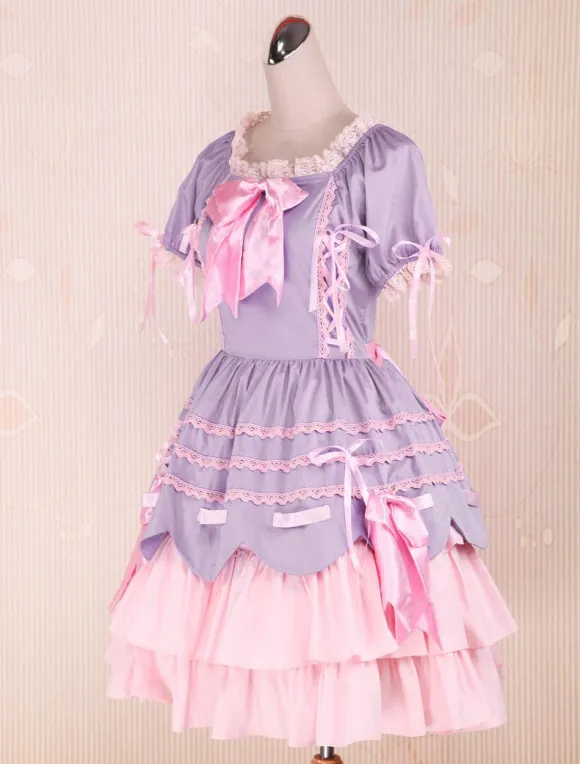 Sweet Purple Pink Lolita OP Dress Short Sleeves Layers Bows and Trim
