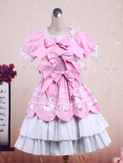 Sweet Purple Pink Lolita OP Dress Short Sleeves Layers Bows and Trim