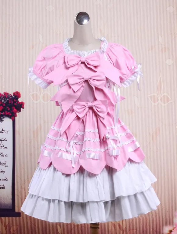 Sweet Purple Pink Lolita OP Dress Short Sleeves Layers Bows and Trim