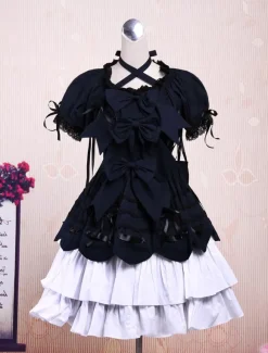 Sweet Purple Pink Lolita OP Dress Short Sleeves Layers Bows and Trim
