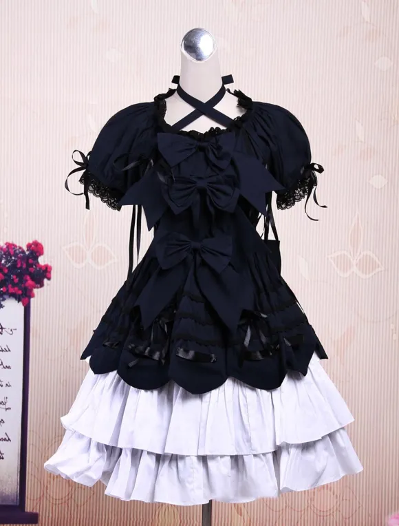 Sweet Purple Pink Lolita OP Dress Short Sleeves Layers Bows and Trim