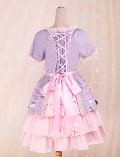 Sweet Purple Pink Lolita OP Dress Short Sleeves Layers Bows and Trim