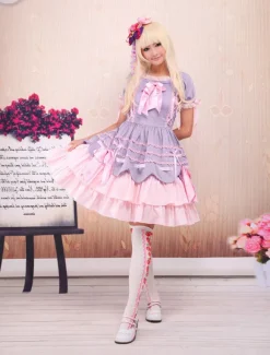 Sweet Purple Pink Lolita OP Dress Short Sleeves Layers Bows and Trim