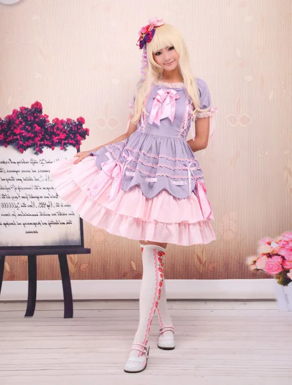 Sweet Purple Pink Lolita OP Dress Short Sleeves Layers Bows and Trim