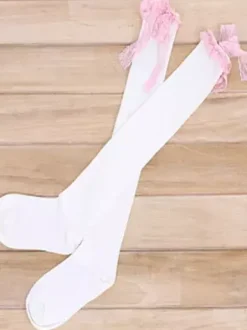 Sweet White Black Cotton Lolita Knee High Socks Lace Trim Bow Decor