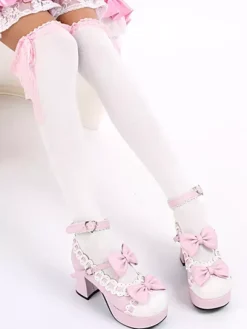 Sweet White Black Cotton Lolita Knee High Socks Lace Trim Bow Decor