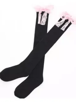 Sweet White Black Cotton Lolita Knee High Socks Lace Trim Bow Decor