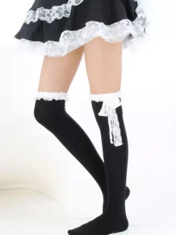 Sweet White Black Cotton Lolita Knee High Socks Lace Trim Bow Decor