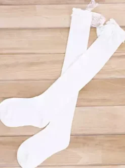 Sweet White Black Cotton Lolita Knee High Socks Lace Trim Bow Decor