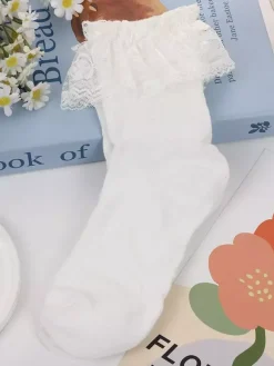 Sweet White Cotton Lolita Ankle Socks Lace Trim