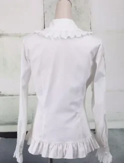 Sweet White Cotton Lolita Blouse Long Sleeves Ruffles Lace Trim Turn-down Collar