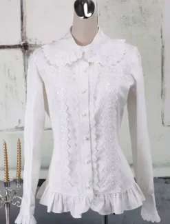 Sweet White Cotton Lolita Blouse Long Sleeves Ruffles Lace Trim Turn-down Collar