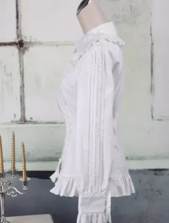 Sweet White Cotton Lolita Blouse Long Sleeves Ruffles Lace Trim Turn-down Collar