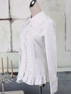 Sweet White Cotton Lolita Blouse Long Sleeves Ruffles Lace Trim Turn-down Collar
