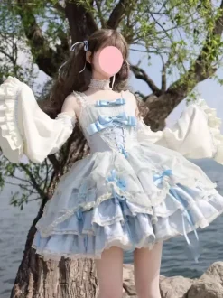 Sweet Ballet Lolita Dress Detachable Sleeve Lace Up Pink Jumper Skirt Dress With Choker