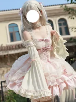 Sweet Ballet Lolita Dress Detachable Sleeve Lace Up Pink Jumper Skirt Dress With Choker