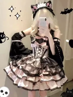 Sweet Ballet Lolita Dress Detachable Sleeve Lace Up Pink Jumper Skirt Dress With Choker