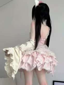 Sweet Ballet Lolita Dress Detachable Sleeve Lace Up Pink Jumper Skirt Dress With Choker