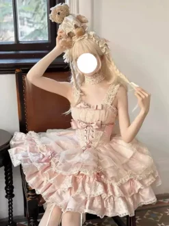 Sweet Ballet Lolita Dress Detachable Sleeve Lace Up Pink Jumper Skirt Dress With Choker