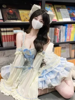 Sweet Ballet Lolita Dress Detachable Sleeve Lace Up Pink Jumper Skirt Dress With Choker