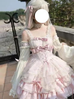Sweet Ballet Lolita Dress Detachable Sleeve Lace Up Pink Jumper Skirt Dress With Choker