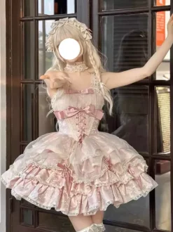 Sweet Ballet Lolita Dress Detachable Sleeve Lace Up Pink Jumper Skirt Dress With Choker