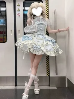 Sweet Ballet Lolita Dress Halter Sleeveless Ruffles Lace Up Blue Lolita Dress With Train