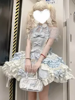 Sweet Ballet Lolita Dress Halter Sleeveless Ruffles Lace Up Blue Lolita Dress With Train