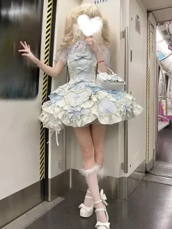 Sweet Ballet Lolita Dress Halter Sleeveless Ruffles Lace Up Blue Lolita Dress With Train