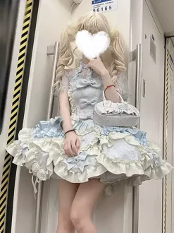 Sweet Ballet Lolita Dress Halter Sleeveless Ruffles Lace Up Blue Lolita Dress With Train