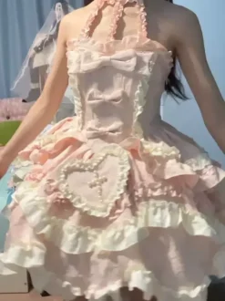 Sweet Ballet Lolita Dress Halter Sleeveless Ruffles Lace Up Blue Lolita Dress With Train