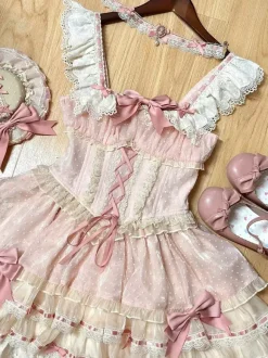 Sweet Ballet Lolita Dress Sleeveless Lace Up Choker Lace Up Ruffles Pink Lolita Dress With Hat