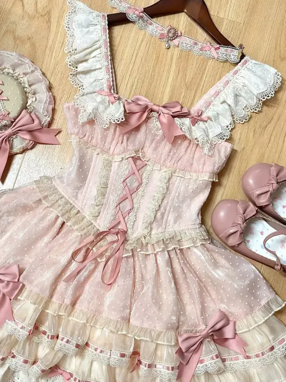 Sweet Ballet Lolita Dress Sleeveless Lace Up Choker Lace Up Ruffles Pink Lolita Dress With Hat