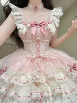 Sweet Ballet Lolita Dress Sleeveless Lace Up Choker Lace Up Ruffles Pink Lolita Dress With Hat