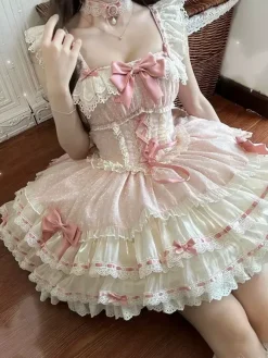 Sweet Ballet Lolita Dress Sleeveless Lace Up Choker Lace Up Ruffles Pink Lolita Dress With Hat