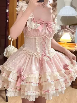 Sweet Ballet Lolita Dress Sleeveless Lace Up Choker Lace Up Ruffles Pink Lolita Dress With Hat