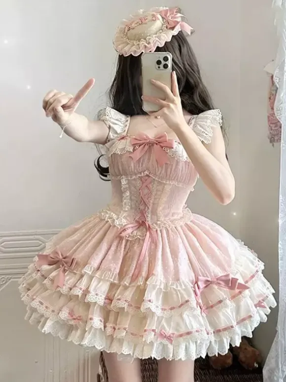 Sweet Ballet Lolita Dress Sleeveless Lace Up Choker Lace Up Ruffles Pink Lolita Dress With Hat