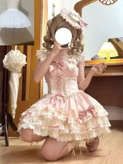 Sweet Ballet Lolita Dress Sleeveless Lace Up Choker Lace Up Ruffles Pink Lolita Dress With Hat