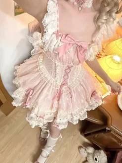 Sweet Ballet Lolita Dress Sleeveless Lace Up Choker Lace Up Ruffles Pink Lolita Dress With Hat