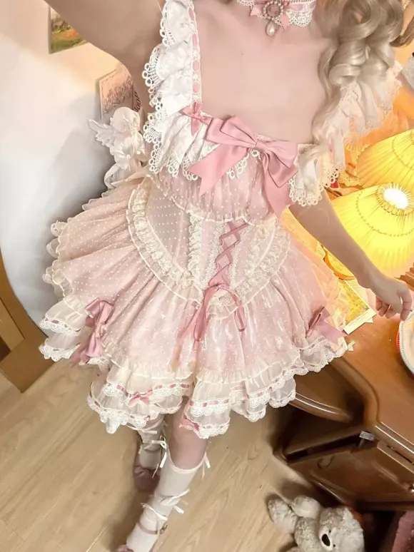 Sweet Ballet Lolita Dress Sleeveless Lace Up Choker Lace Up Ruffles Pink Lolita Dress With Hat
