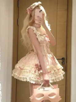 Sweet Ballet Lolita Dress Sleeveless Lace Up Choker Lace Up Ruffles Pink Lolita Dress With Hat