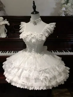 Sweet Ballet Lolita Dress Sleeveless Lace Up Choker Lace Up Ruffles Pink Lolita Dress With Hat