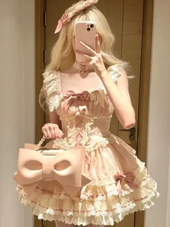 Sweet Ballet Lolita Dress Sleeveless Lace Up Choker Lace Up Ruffles Pink Lolita Dress With Hat