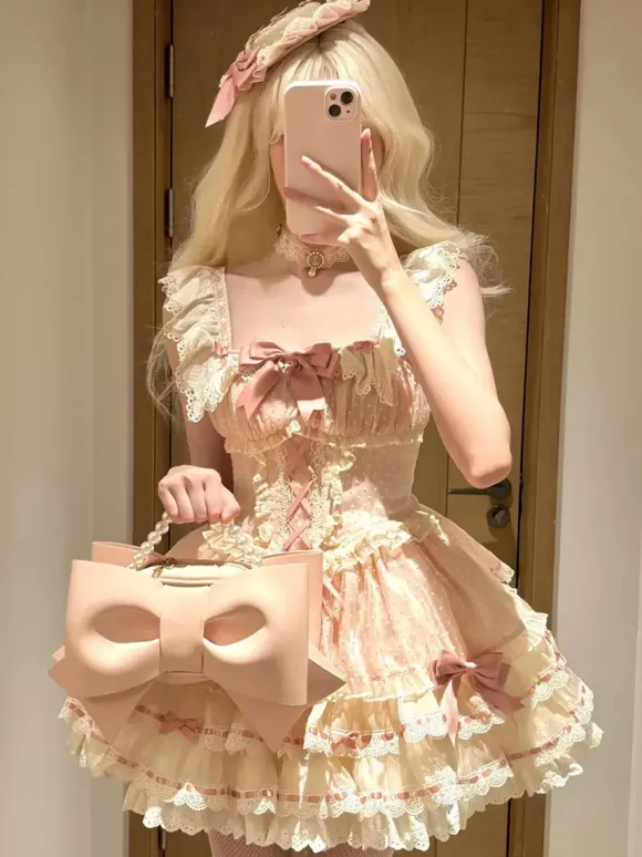 Sweet Ballet Lolita Dress Sleeveless Lace Up Choker Lace Up Ruffles Pink Lolita Dress With Hat