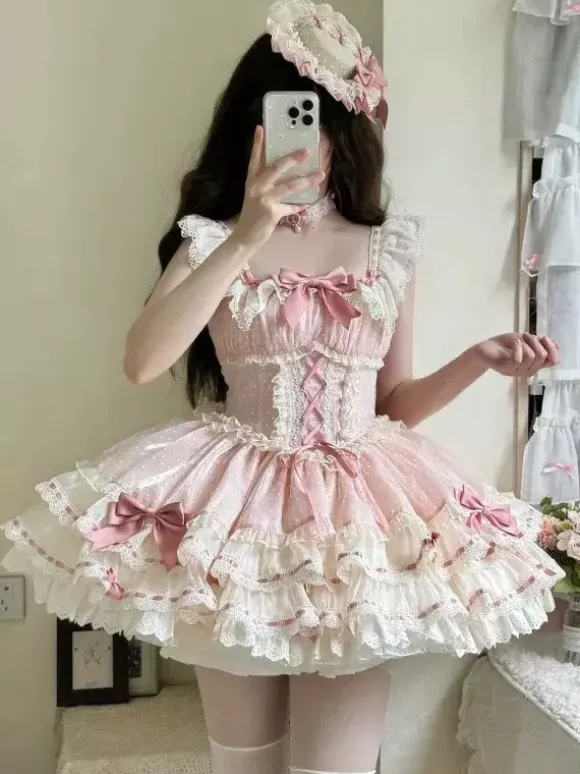 Sweet Ballet Lolita Dress Sleeveless Lace Up Choker Lace Up Ruffles Pink Lolita Dress With Hat