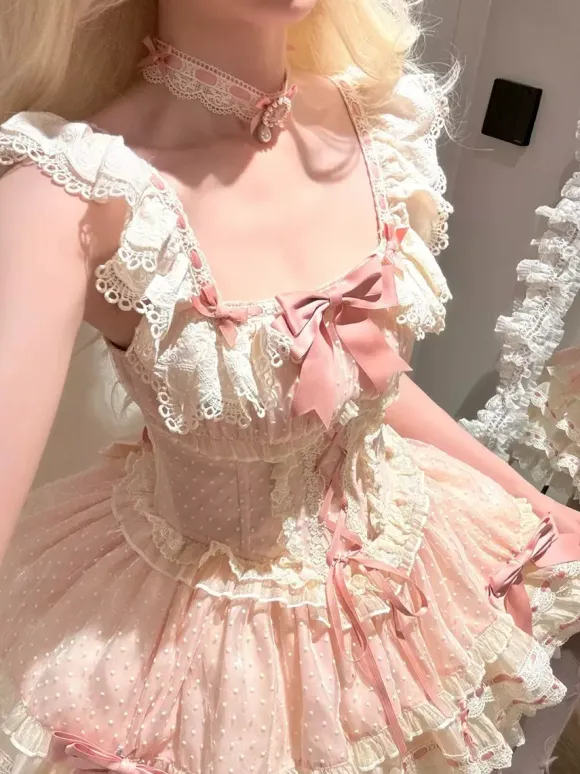 Sweet Ballet Lolita Dress Sleeveless Lace Up Choker Lace Up Ruffles Pink Lolita Dress With Hat
