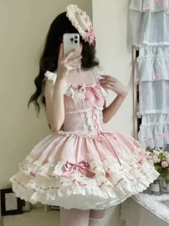 Sweet Ballet Lolita Dress Sleeveless Lace Up Choker Lace Up Ruffles Pink Lolita Dress With Hat