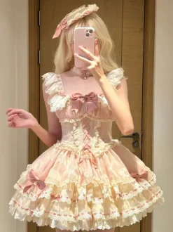 Sweet Ballet Lolita Dress Sleeveless Lace Up Choker Lace Up Ruffles Pink Lolita Dress With Hat